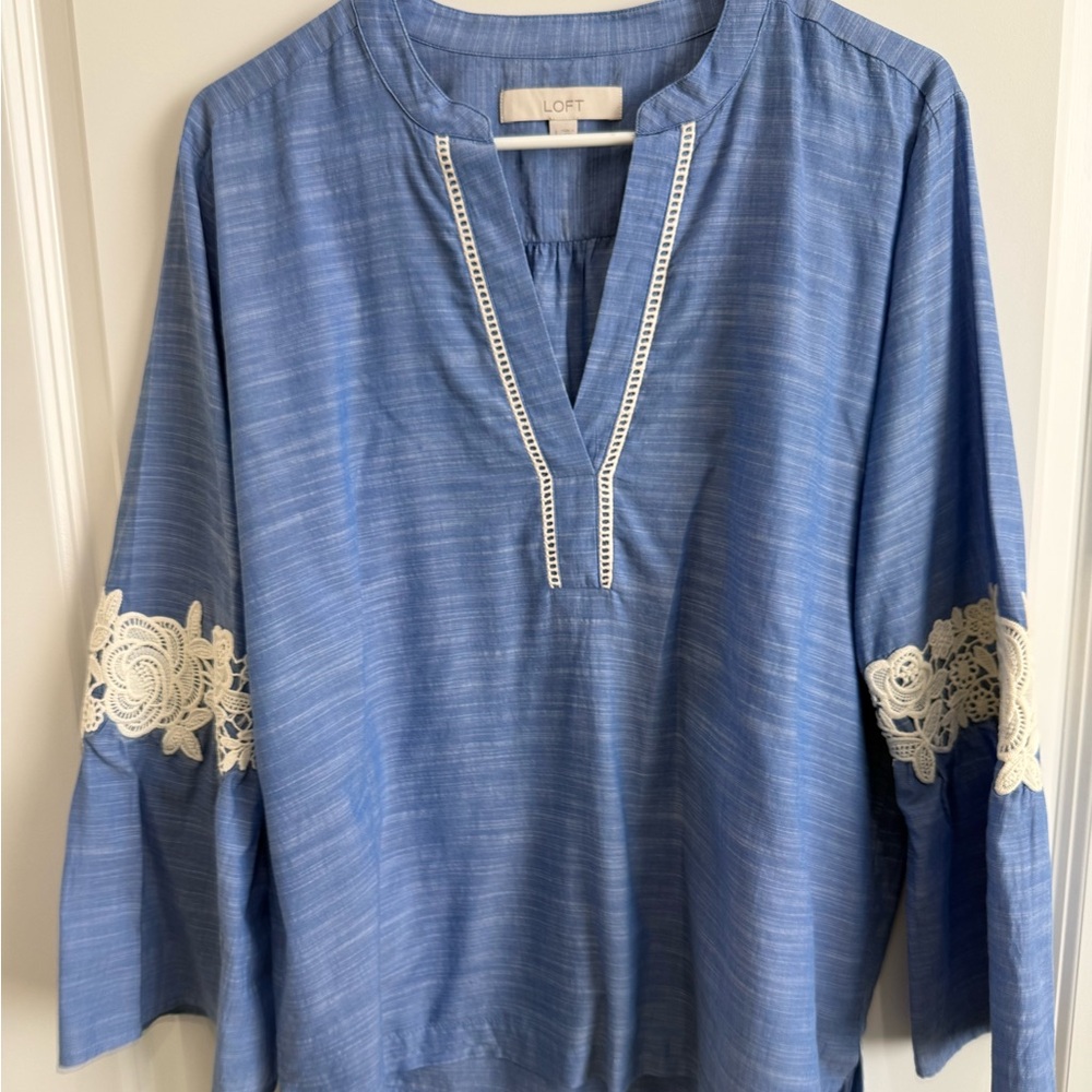 LOFT Blue Tunic with Lace Detail Bell Sleeves